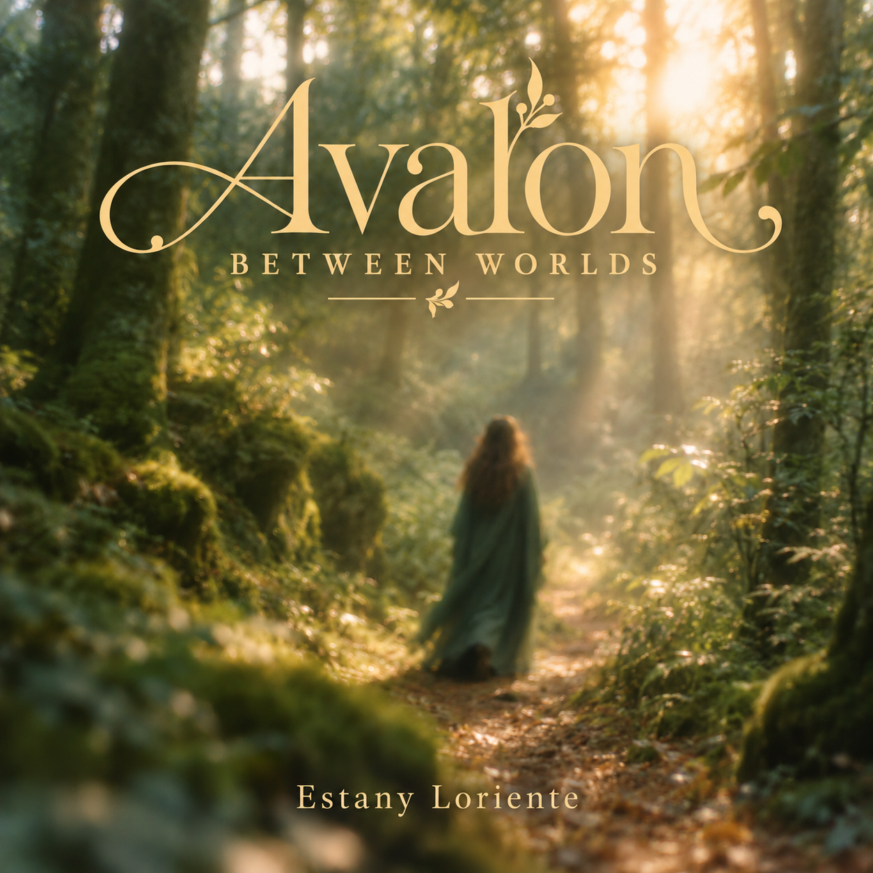Portada de Avalon · Between Worlds, de Estany Loriente. Una mujer con capa verde camina por un bosque entre brumas y luz dorada.