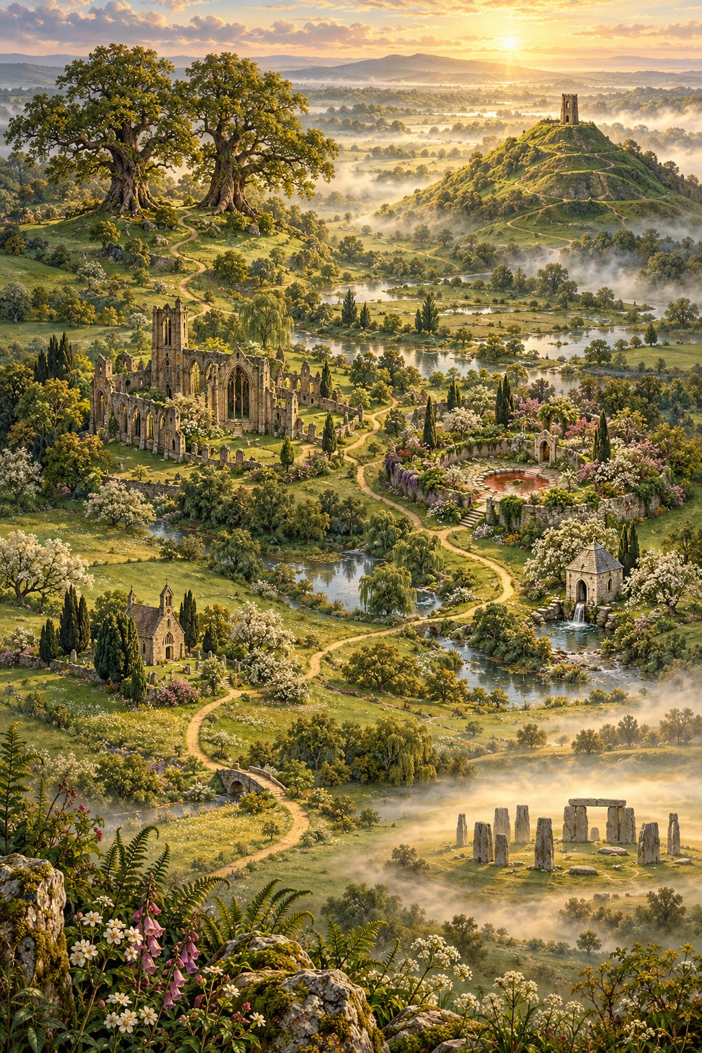 Paisaje ilustrado de Avalon: el Tor, los jardines, la abadía y sus lugares de encuentro