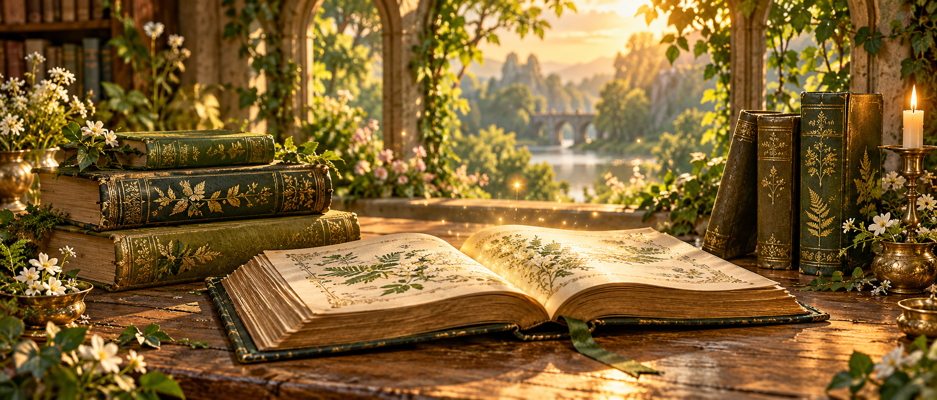 Libros mágicos verdes y dorados sobre una mesa, iluminados por la luz de Avalon